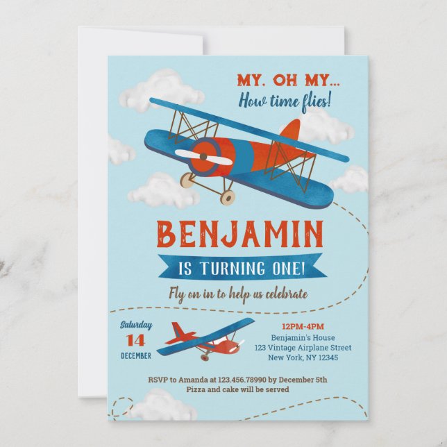 Vintage Airplane First Birthday Party Invitations (Front)