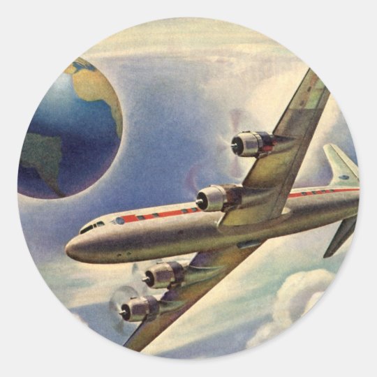 Vintage Airplane Flying Around the World in Clouds Classic Round Sticker