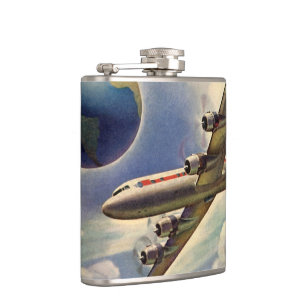 Vintage Airplane Flying Around the World in Clouds Hip Flask