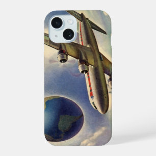 Vintage Airplane Flying Around the World in Clouds iPhone 15 Case