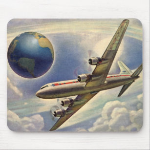 Vintage Airplane Flying Around the World in Clouds Mouse Pad