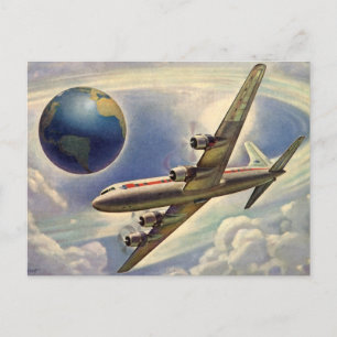 Vintage Airplane Flying Around the World in Clouds Postcard