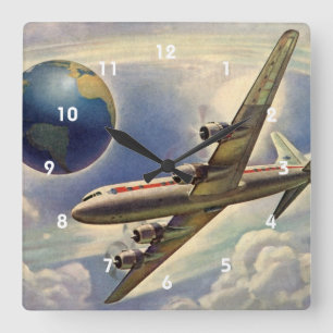 Vintage Airplane Flying Around the World in Clouds Square Wall Clock
