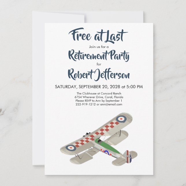 Vintage Airplane Free at Last Blue Retirement Invitation (Front)