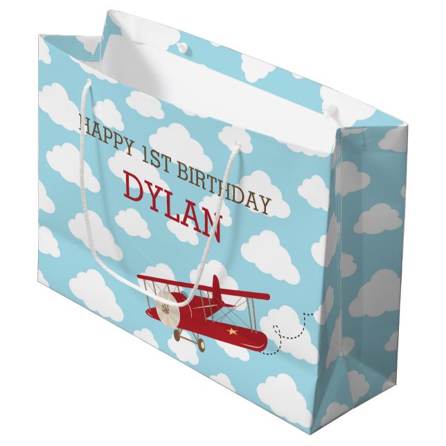 Vintage Airplane Gift Bags - Red Plane Cloud (Front Angled)