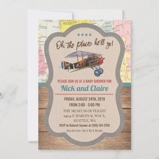 Vintage Airplane Map Boy Baby Shower Invitation (Front)