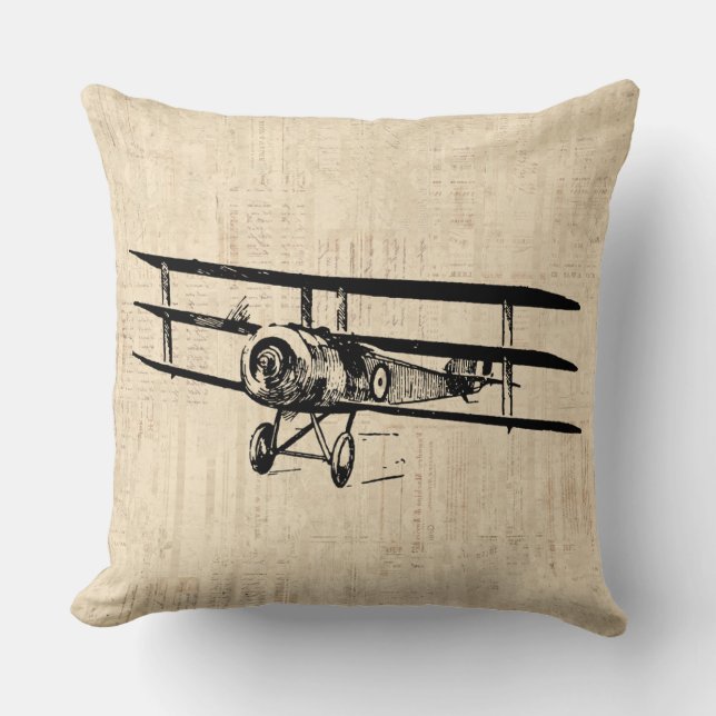 Vintage Airplane Old Antique Plane Illustration Throw Pillow (Front)