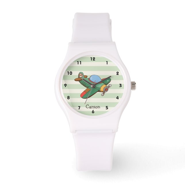 Vintage Airplane on Pastel Green Stripes Watch (Front)