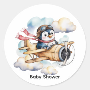 Vintage Airplane Penguin Boy Baby Shower Classic Round Sticker