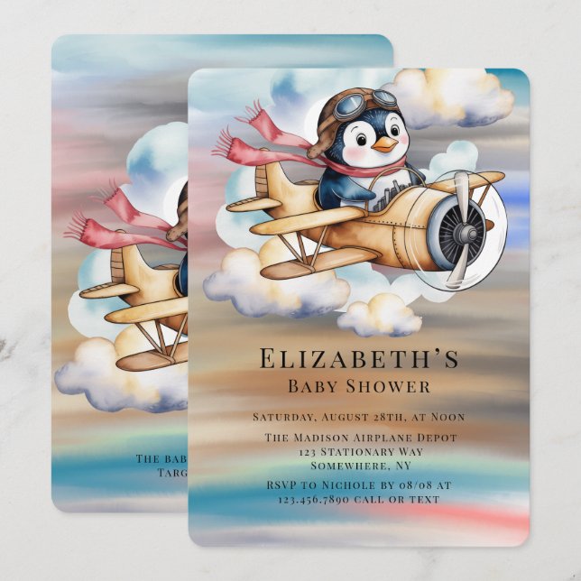 Vintage Airplane Penguin Boy Baby Shower  Invitation (Front/Back)
