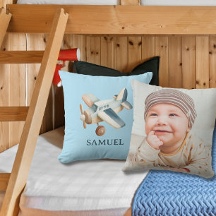Vintage Airplane Photo Watercolor Baby Boy Blue Throw Pillow