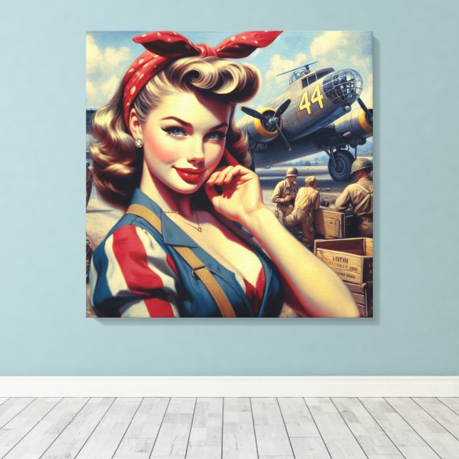 Vintage Airplane Pin Up Canvas Print (Insitu(Wood Floor))