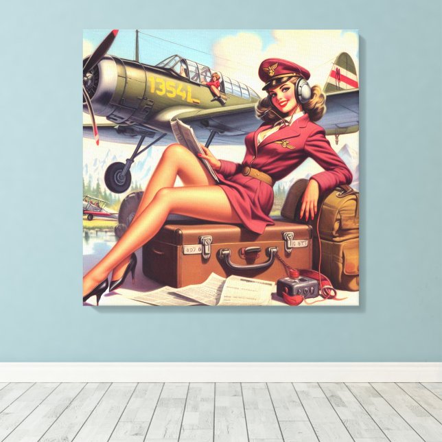 Vintage Airplane Pin-Up Illustration Canvas Print (Insitu(Wood Floor))