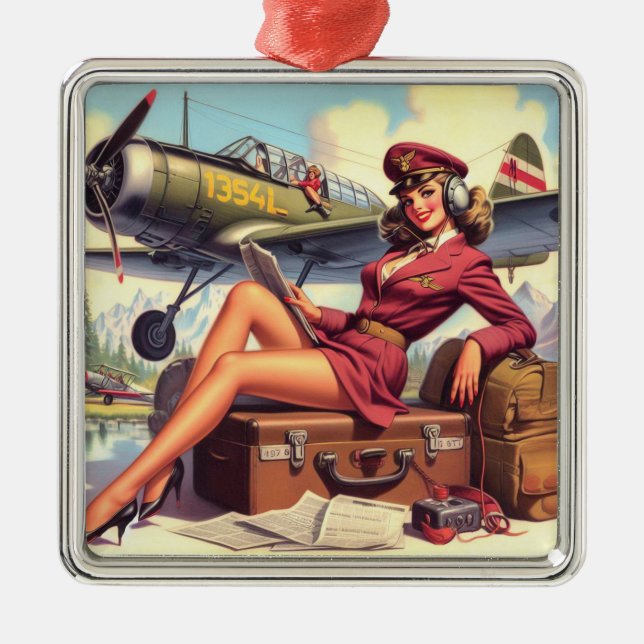 Vintage Airplane Pin-Up Illustration Metal Ornament (Front)