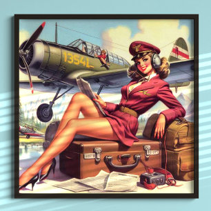 Vintage Airplane Pin-Up Illustration Poster