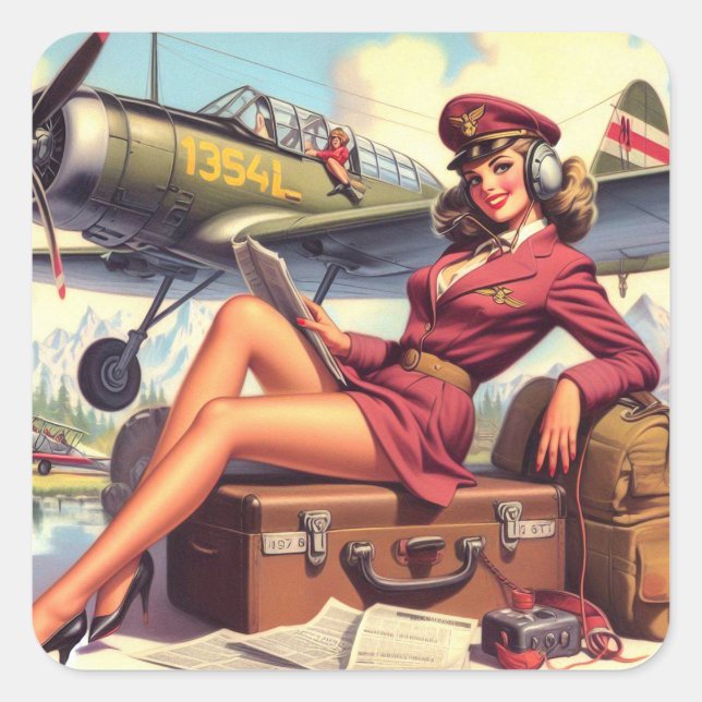 Vintage Airplane Pin-Up Illustration Square Sticker (Front)