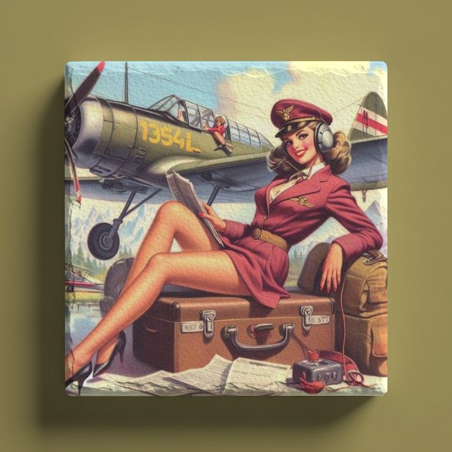 Vintage Airplane Pin-Up Illustration Stone Coaster (Creator Uploaded)