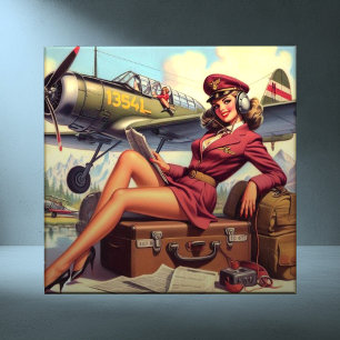 Vintage Airplane Pin-Up Illustration Tile