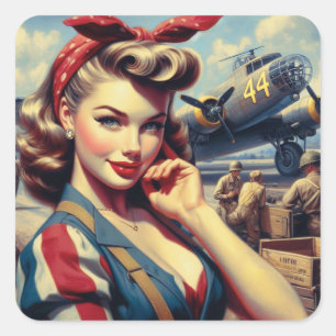 Vintage Airplane Pin Up Square Sticker