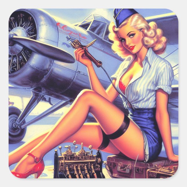 Vintage Airplane Pin-up Square Sticker (Front)