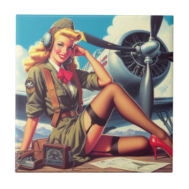 Vintage Airplane Pin-Up Tile (Front)