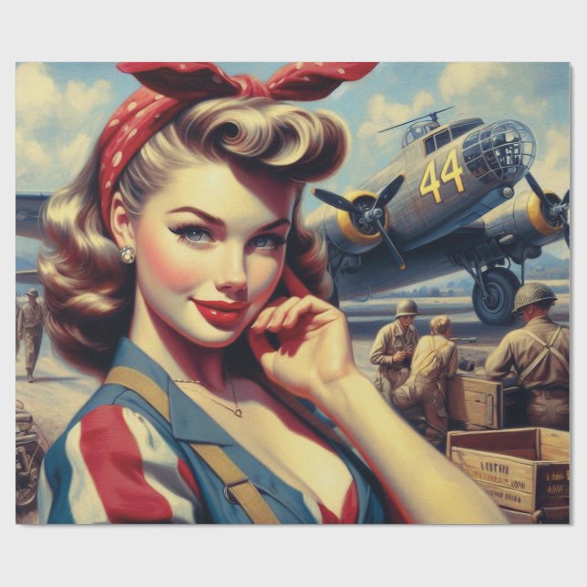 Vintage Airplane Pin Up Wrapping Paper (Flat)