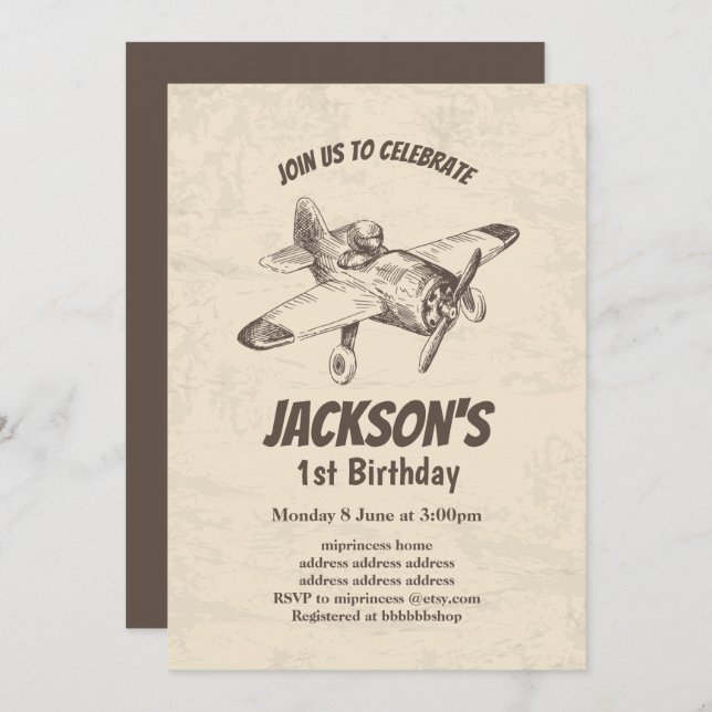 vintage,  airplane,  plane, birthday invitation (Front/Back)
