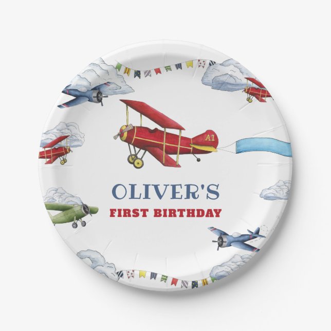 Vintage Airplane Plane First Birthday Plates (Front)