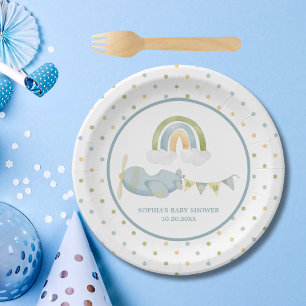 Vintage Airplane Rainbow Clouds Boy Baby Shower Paper Plate