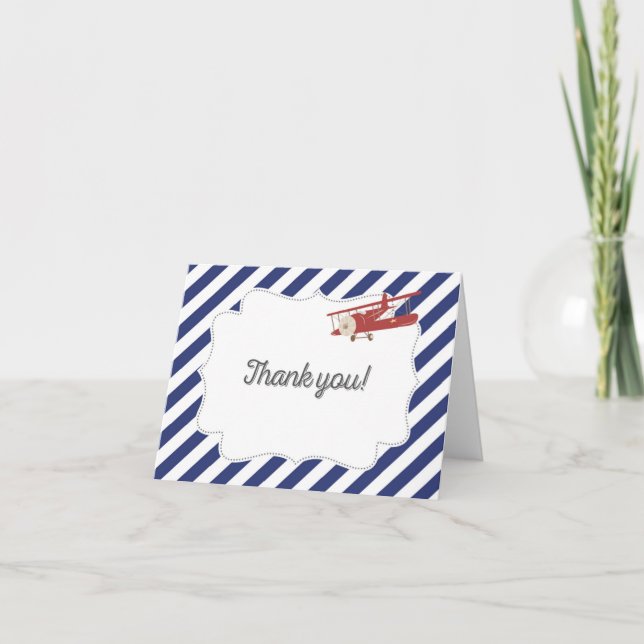 Vintage Airplane Red and Blue Thank You Card (Front)