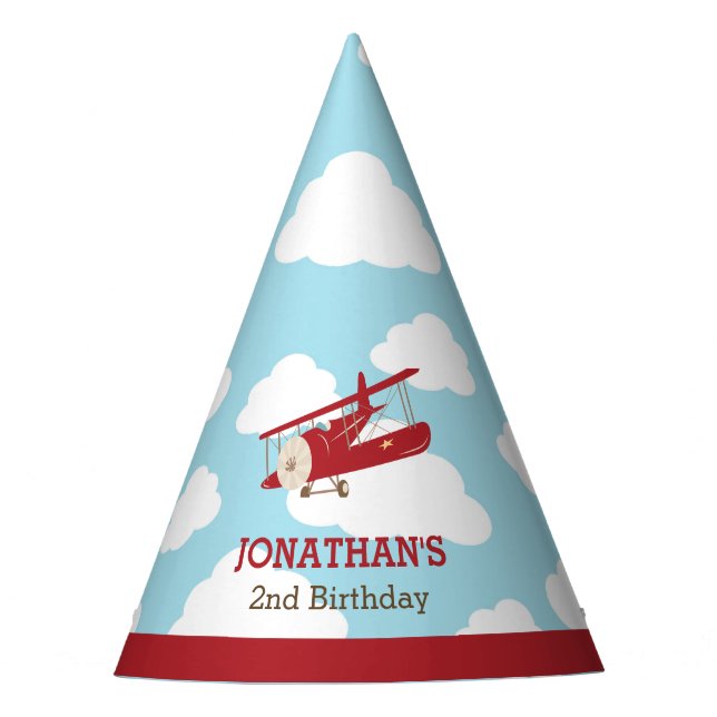 Vintage Airplane (Red Plane) Kids Birthday Party Hat (Front)