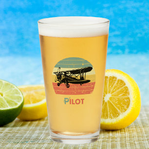 Vintage Airplane Retro Sunset Pilot Birthday Fun Glass