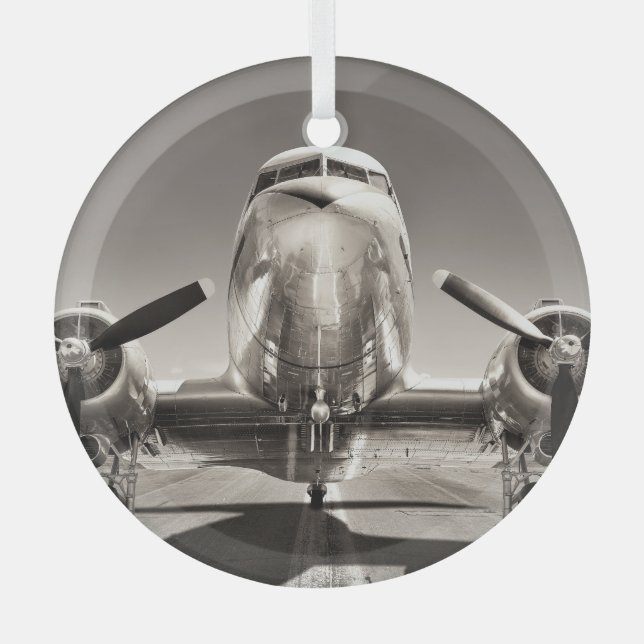 Vintage Airplane Runway Scene Glass Ornament (Front)