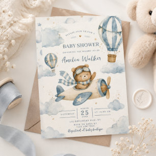 Vintage Airplane Teddy Bear Baby Shower Invitation