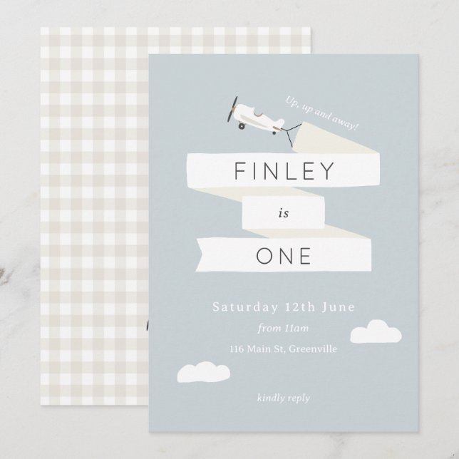 Vintage Airplane Theme 1st Birthday Gingham Invitation (Front/Back)