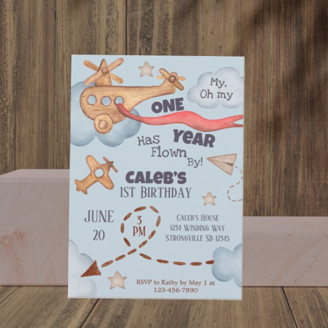 Vintage Airplane Time Flies Blue Birthday  Invitation (Creator Uploaded)