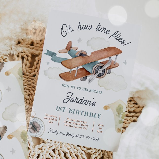 Vintage Airplane Time Flies Travel 1st Birthday Invitation (Creator Uploaded)