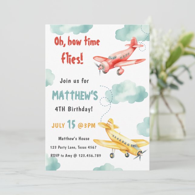 Vintage Airplane Time Flies Travel Boy Birthday Invitation (Standing Front)