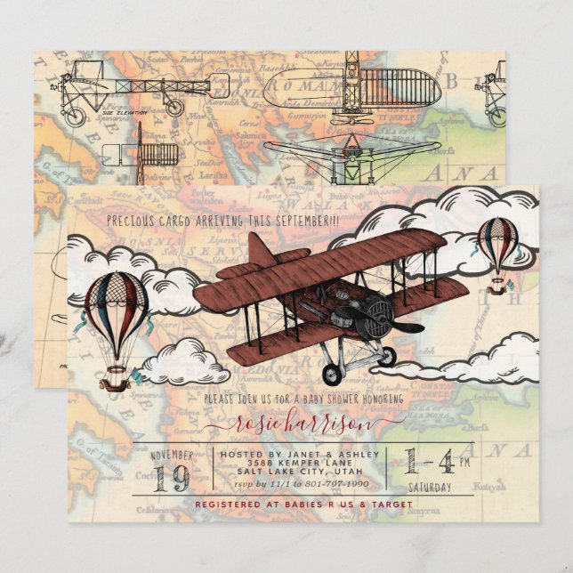 Vintage Airplane | Travel Baby Shower Invitation (Front/Back)
