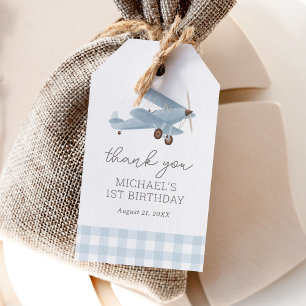 Vintage Airplane Travel Blue Gingham Birthday Gift Tags