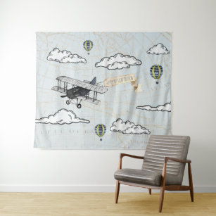 Vintage Airplane   Travel Theme Party Backdrop Tapestry