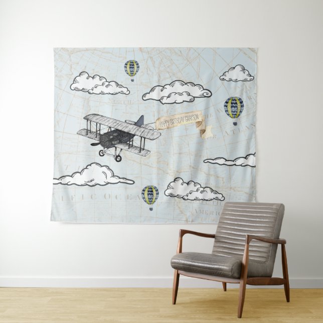 Vintage Airplane | Travel Theme Party Backdrop Tapestry (In Situ (Horizontal))