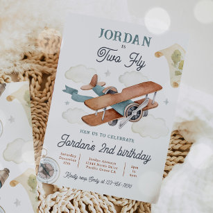 Vintage Airplane Two Fly Travel 2nd Birthday Party Invitation