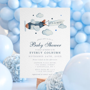 Vintage Airplane Watercolor It's A Boy Baby Shower Invitation