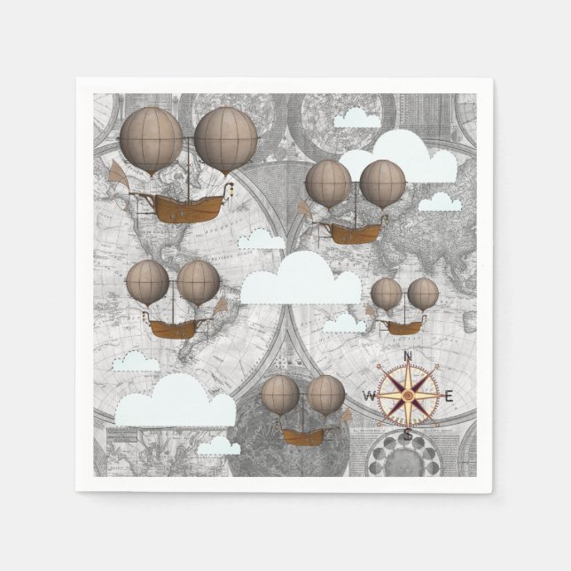 Vintage Airship Dirigible World Map & Clouds Napkin (Front)
