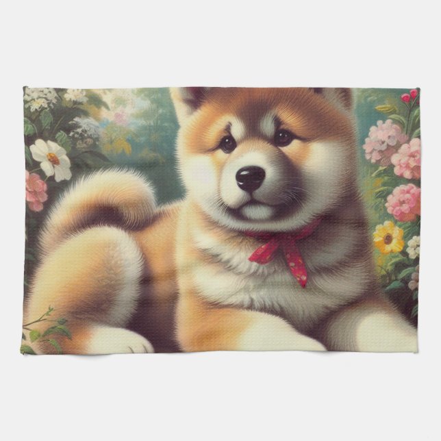 Vintage Akita Oil Painting Kitchen Towel (Horizontal)