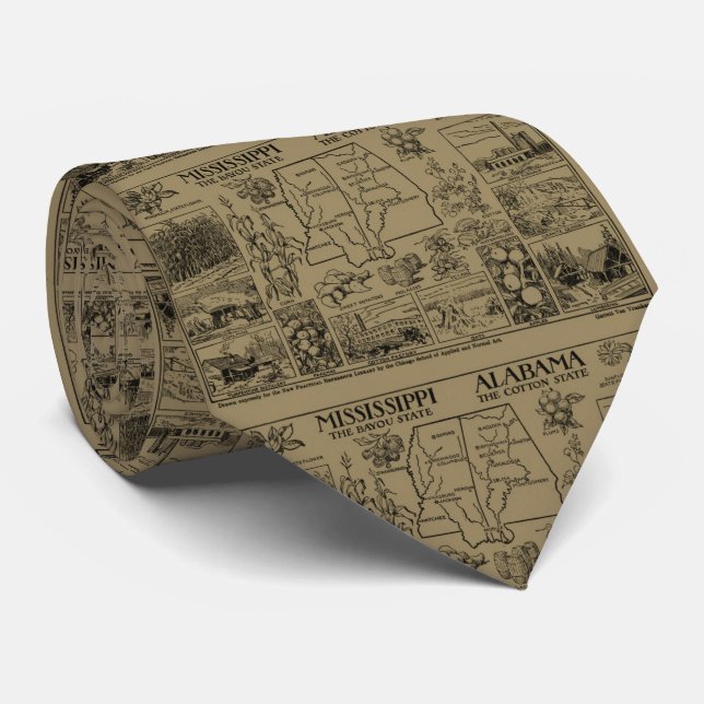 Vintage Alabama and Mississippi Illustrative Map Tie (Rolled)