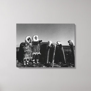 Vintage Alaska Fur clad eskimo arctic sod igloo Canvas Print