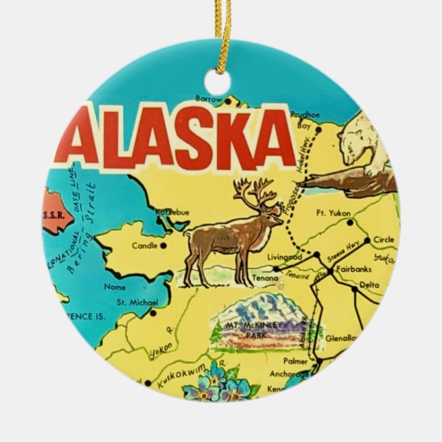 Vintage Alaska Map Postcard Ceramic Ornament (Front)