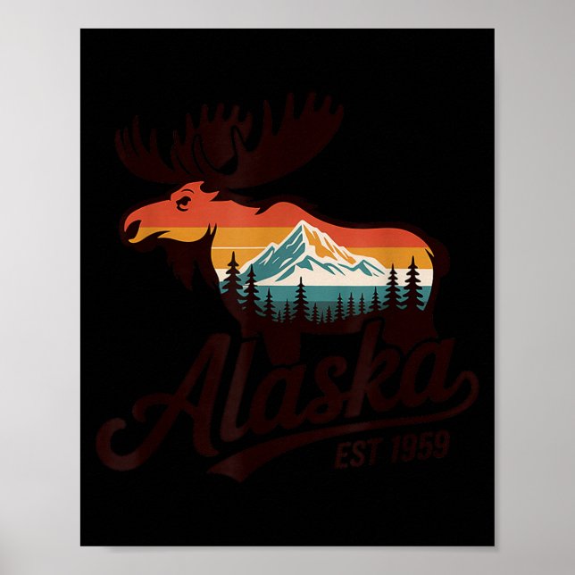Vintage Alaska Moose Mountain Sunset Retro Poster (Front)